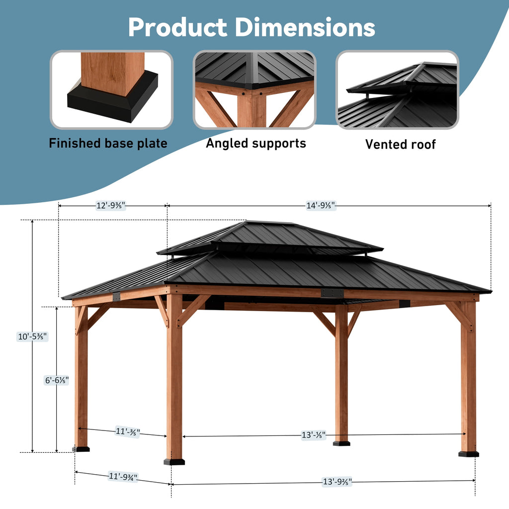 Modern Shade 13' x15' Gazebo Cedar Frame Double Galvanized Steel Roof with Curtain Netting for Garden Backyard Brown