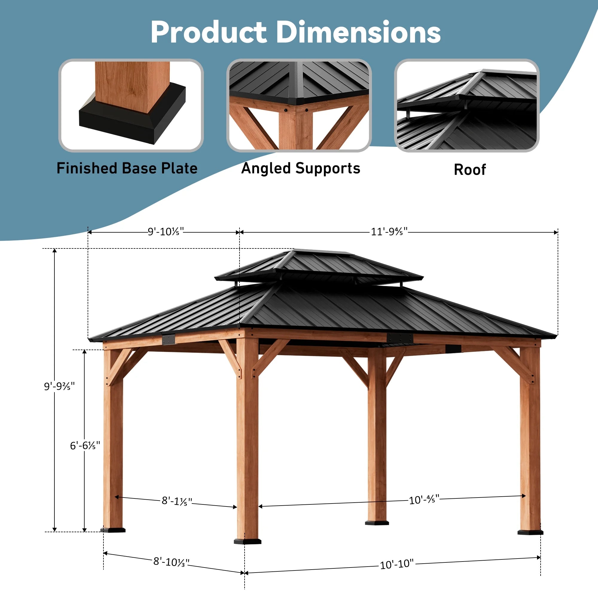 Modern Shade Rosewood Wood Gazebo - 11' x 13' Cedar Framed Double Steel Roof Permanent Patio Gazebo