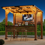 Modern Shade 6.5'x8' The Aura Cedar Wood Bar Center, Grill Pavilion with Shelves, Steel Roof, TV Mount for Patio & Garden