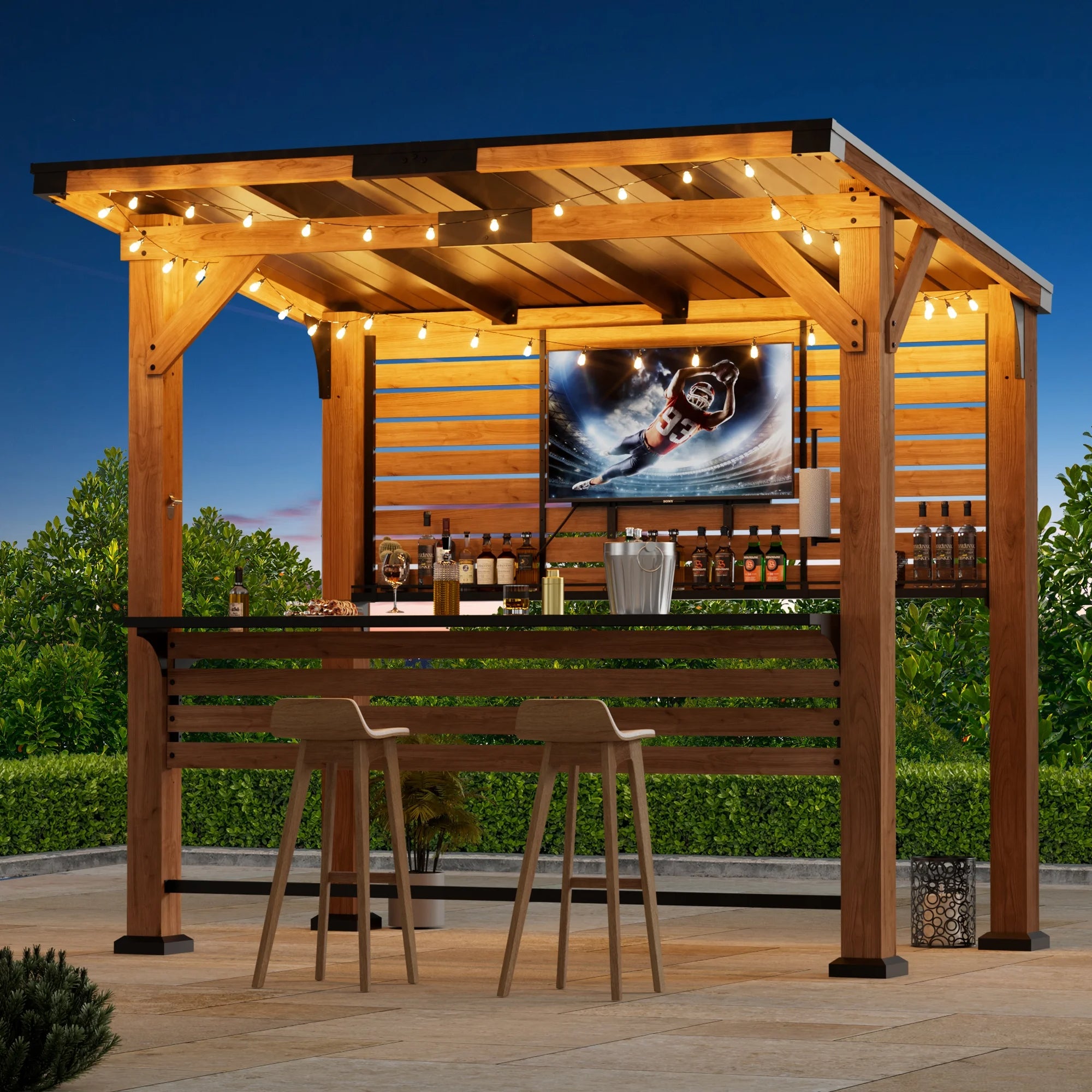 Modern Shade 6.5'x8' The Aura Cedar Wood Bar Center, Grill Pavilion with Shelves, Steel Roof, TV Mount for Patio & Garden