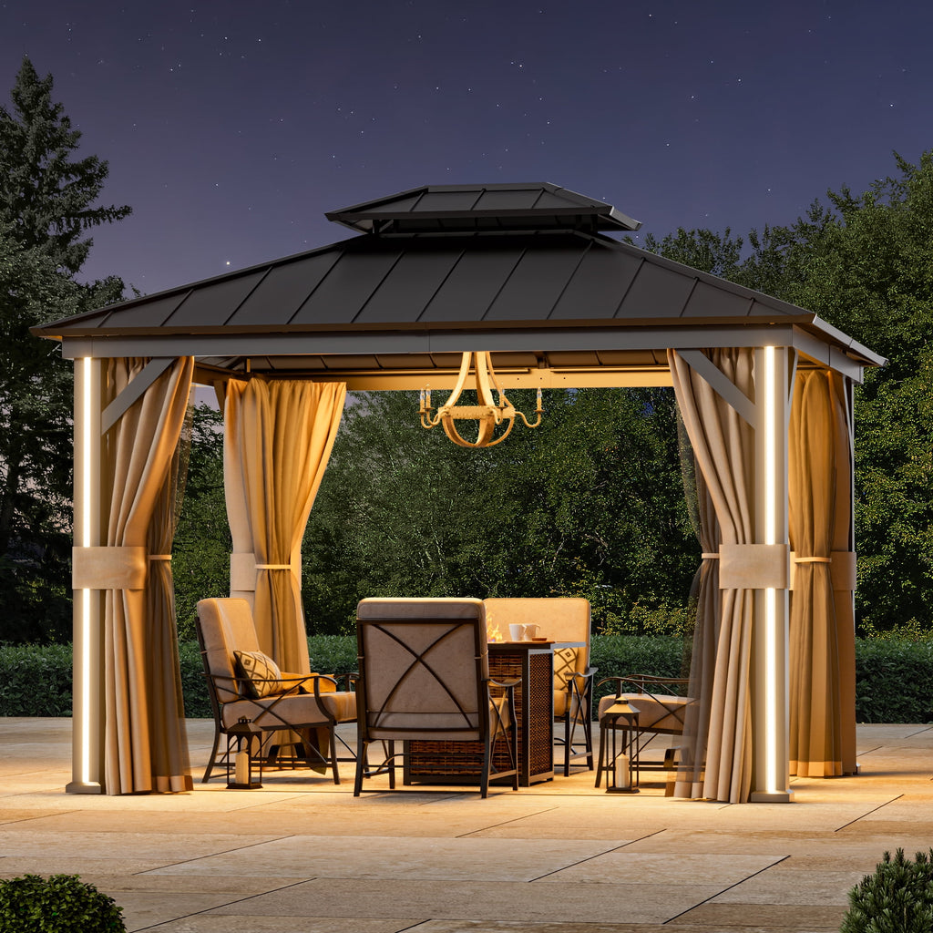 Modern Shade 10' x 12' Hardtop Gazebo with 4 LED Lights, Outdoor Gazebo with Double Galvanized Steel Roof，USB Charging Port Black