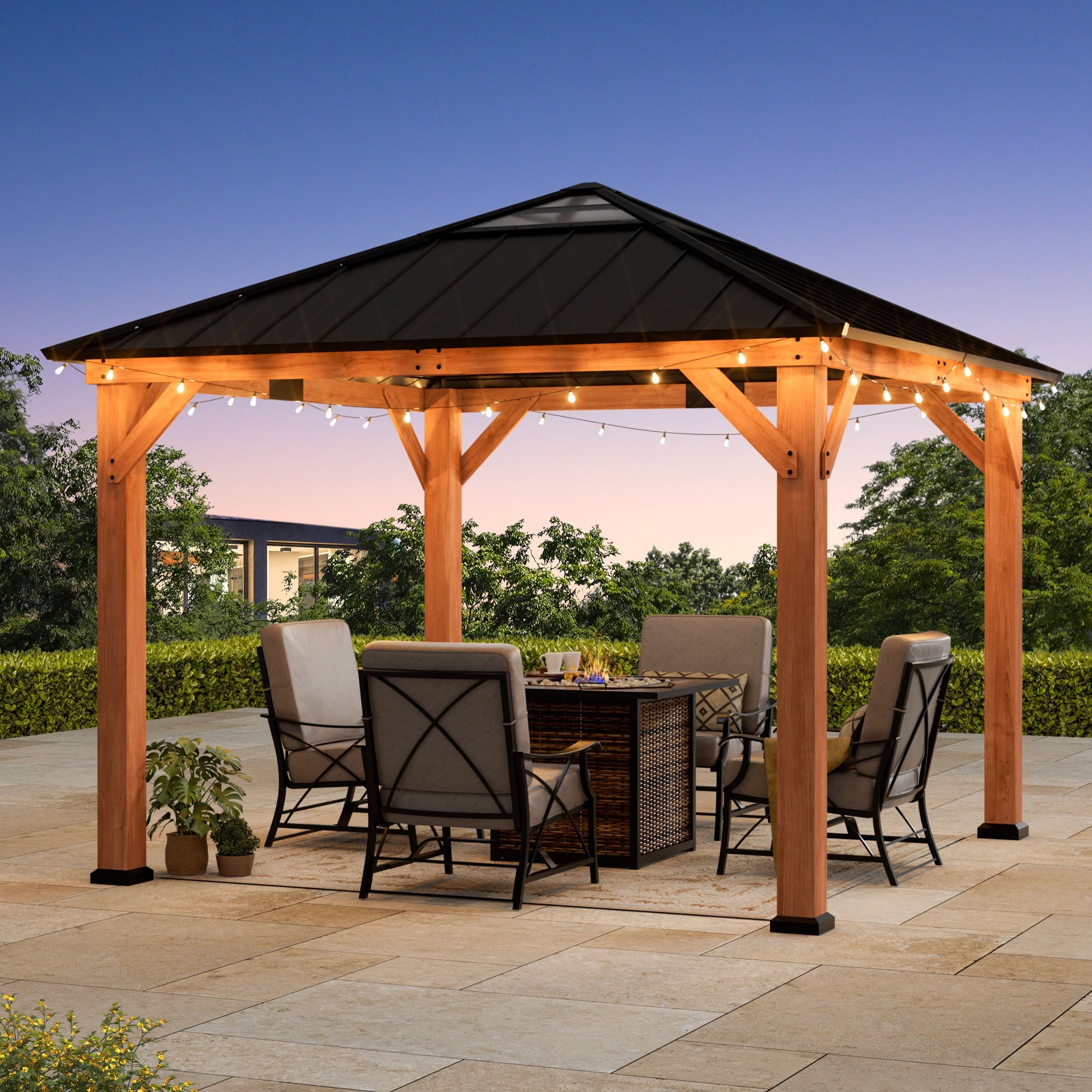 Modern Shade Tranquil Grove 11'x11’Hardtop Gazebo,Cedar Framed Pavilion with Galvanized Steel Roof,Permanent Patio Metal Gazebo for Outdoor Brown