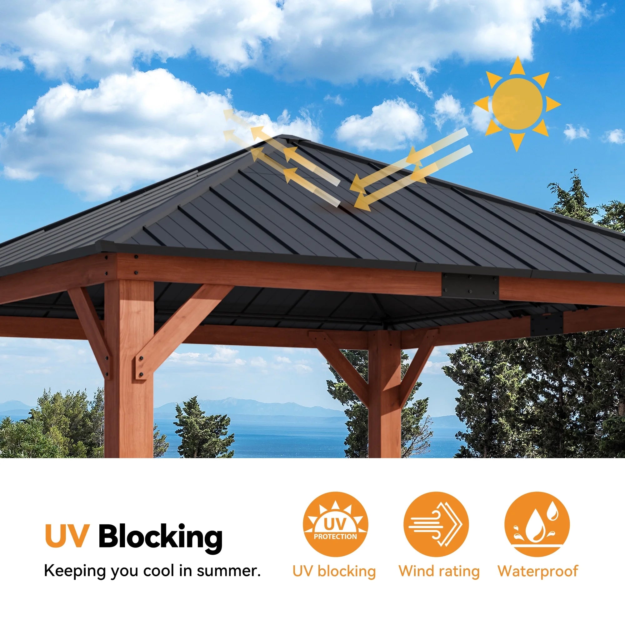 Modern Shade Tranquil Grove 12' x 12' Wood Gazebo - Polycarbonate Hip Roof Hardtop Pavilion with Hooks