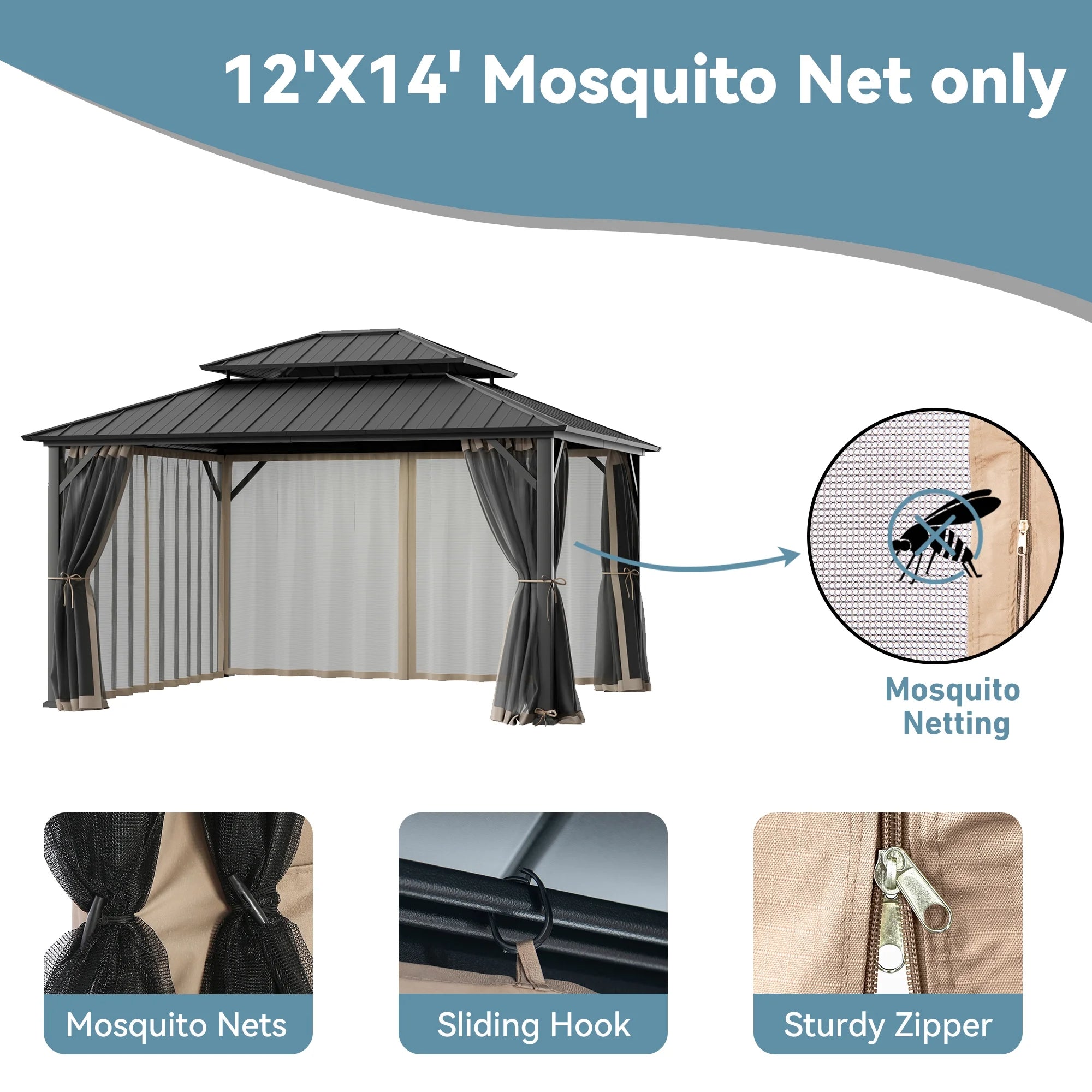 Covered Outdoor Gazebo Mosquito Netting Replacement - 12'x14' 4-Panel Double-Head Zipper Net Only