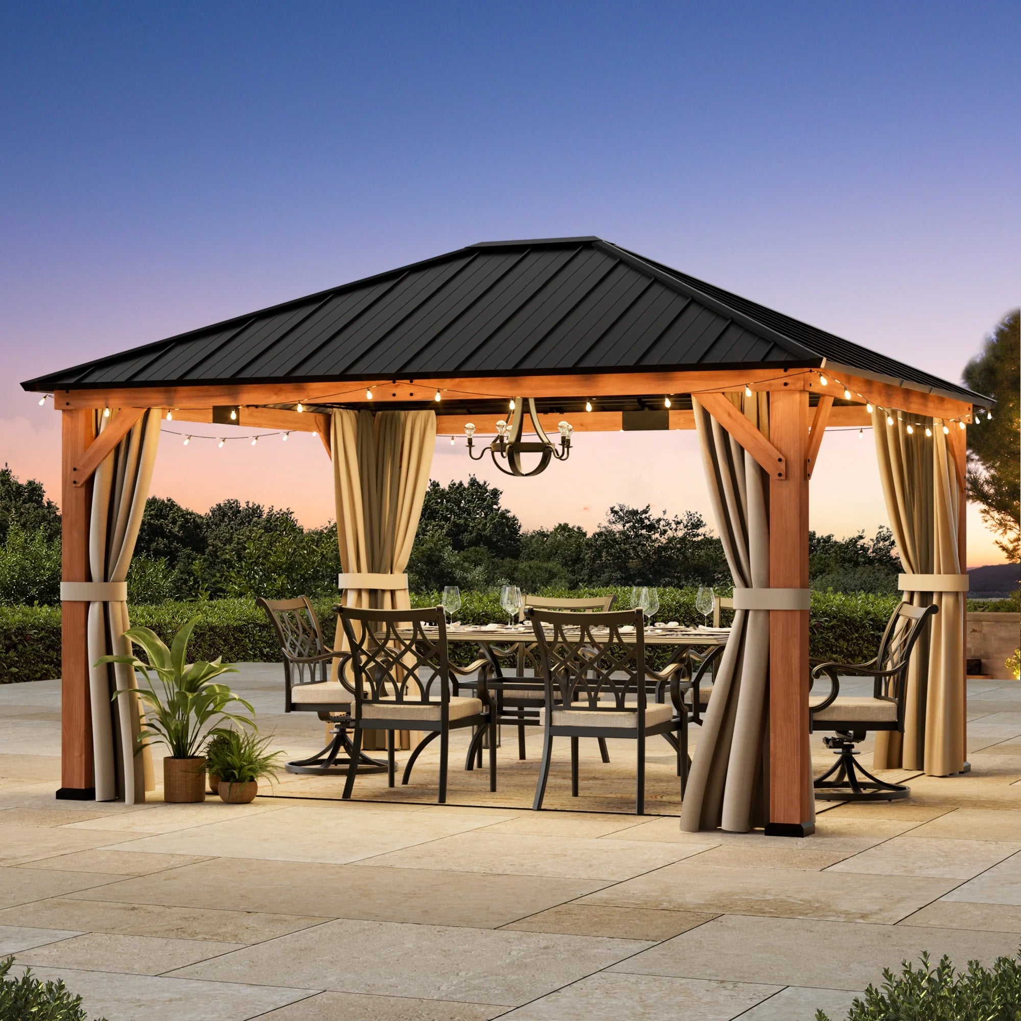 Modern Shade Tranquil Grove 12'x14' Hardtop Gazebo, Cedar Frame, Steel Roof, Netting, Curtains, Brown Outdoor