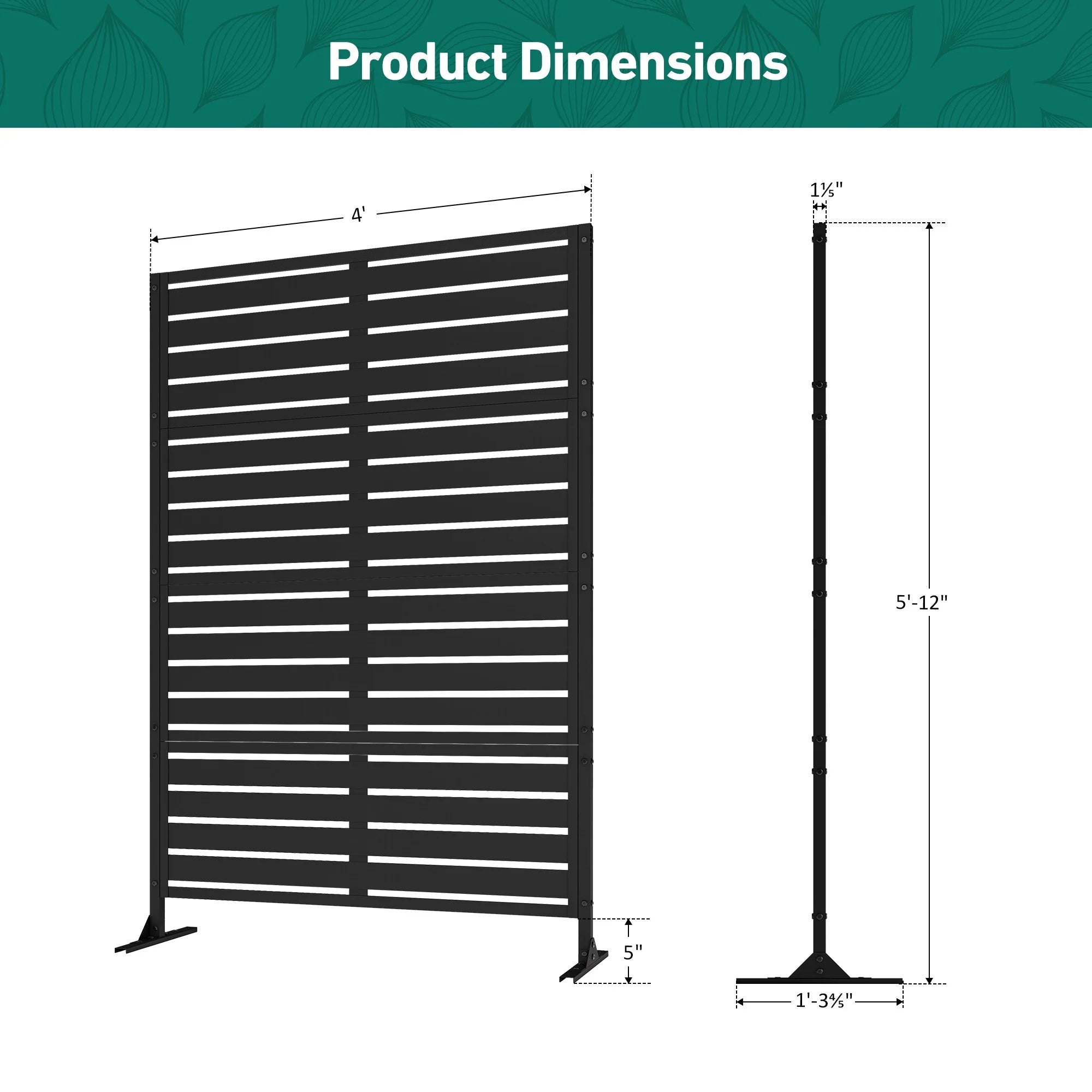 Modern Shade 72" Hx 48" W Metal Privacy Screen - Black Freestanding Outdoor Fence Panel for Privacy/ Space Division