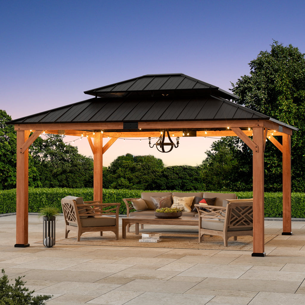 Modern Shade 13' x15' Gazebo Cedar Frame Double Galvanized Steel Roof with Curtain Netting for Garden Backyard Brown