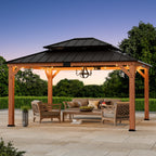 Modern Shade 13' x15' Gazebo Cedar Frame Double Galvanized Steel Roof with Curtain Netting for Garden Backyard Brown