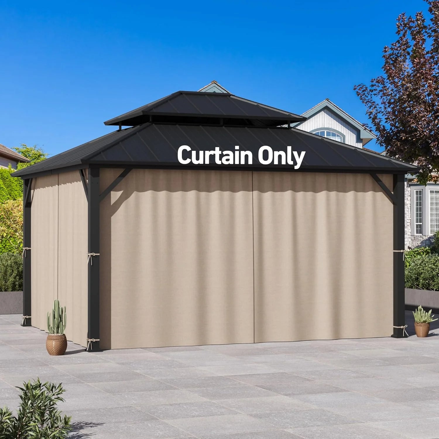 Covered Outdoor 12' x14' Universal Gazebo Curtain Replacement, 4 Panel Waterproof Privacy Sidewalls for Outdoor- Khaki Curtain Only