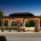 Modern Shade 10'x12' Rosewood Wood Gazebo Cedar Framed Double Steel Roof for Garden Backyard
