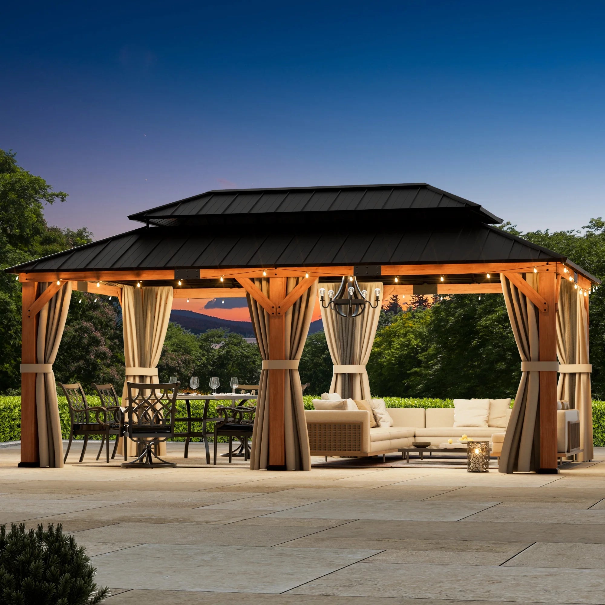 Modern Shade 10'x12' Rosewood Wood Gazebo Cedar Framed Double Steel Roof for Garden Backyard