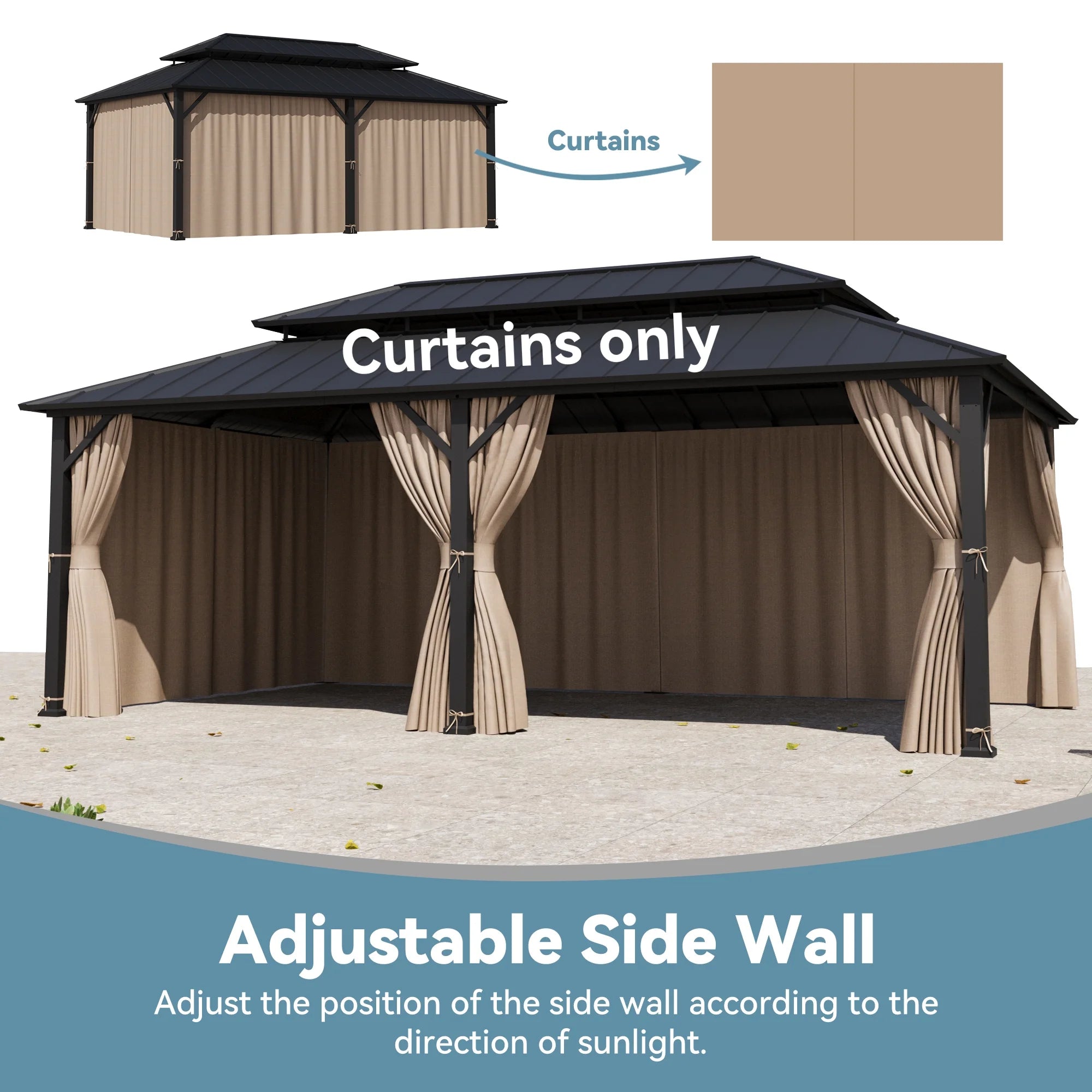 Covered Outdoor Universal 12' x24' Gazebo Curtain Replacement 6 Panel Waterproof Sidewalls Curtain Only