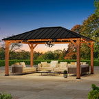 Modern Shade Tranquil Grove 12'x16’Hardtop Gazebo,Cedar Framed Pavilion with Galvanized Steel Roof,Permanent Patio Metal Gazebo for Outdoor Brown