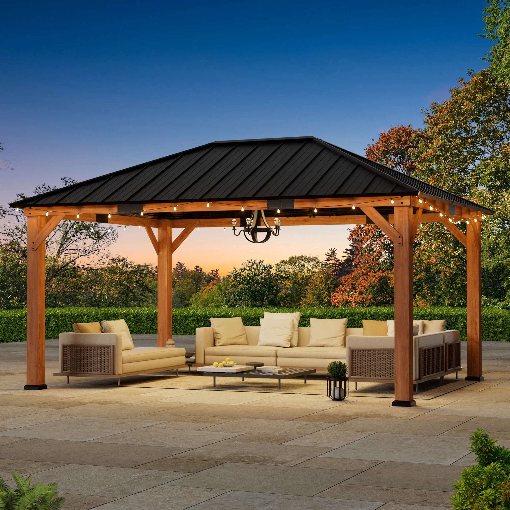 Modern Shade Tranquil Grove 12'x16’Hardtop Gazebo,Cedar Framed Pavilion with Galvanized Steel Roof,Permanent Patio Metal Gazebo for Outdoor Brown