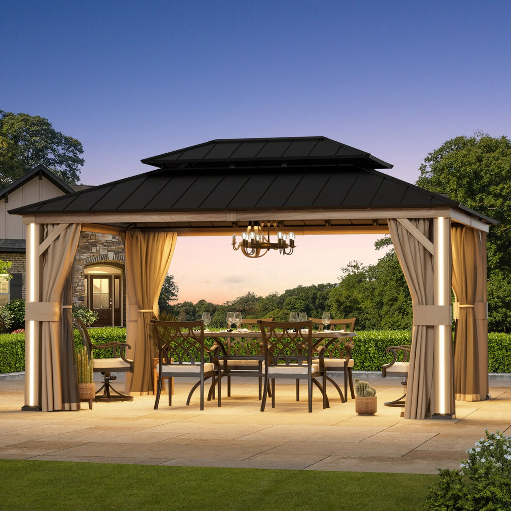 Modern Shade 12'x16' Hardtop Gazebo Wood-Look Aluminum 4 LED Lights USB Ports for Outdoor Patio Deck