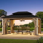 Modern Shade 12'x16' Hardtop Gazebo Wood-Look Aluminum 4 LED Lights USB Ports for Outdoor Patio Deck