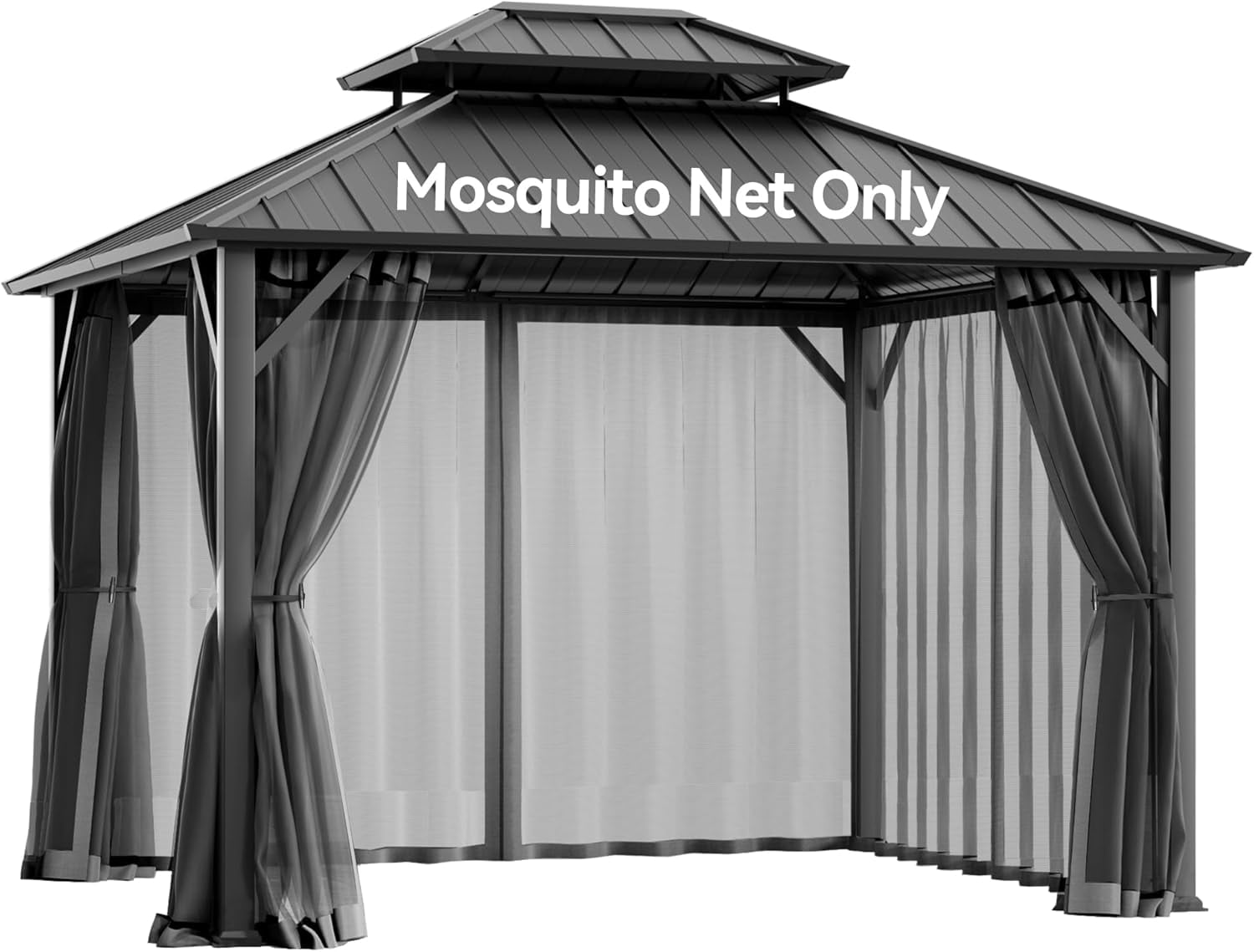 Covered Outdoor Universal 10'x10' Gazebo Mosquito Netting - 4-Panel Double-Zipper Screen Walls, Dark Gray & Black