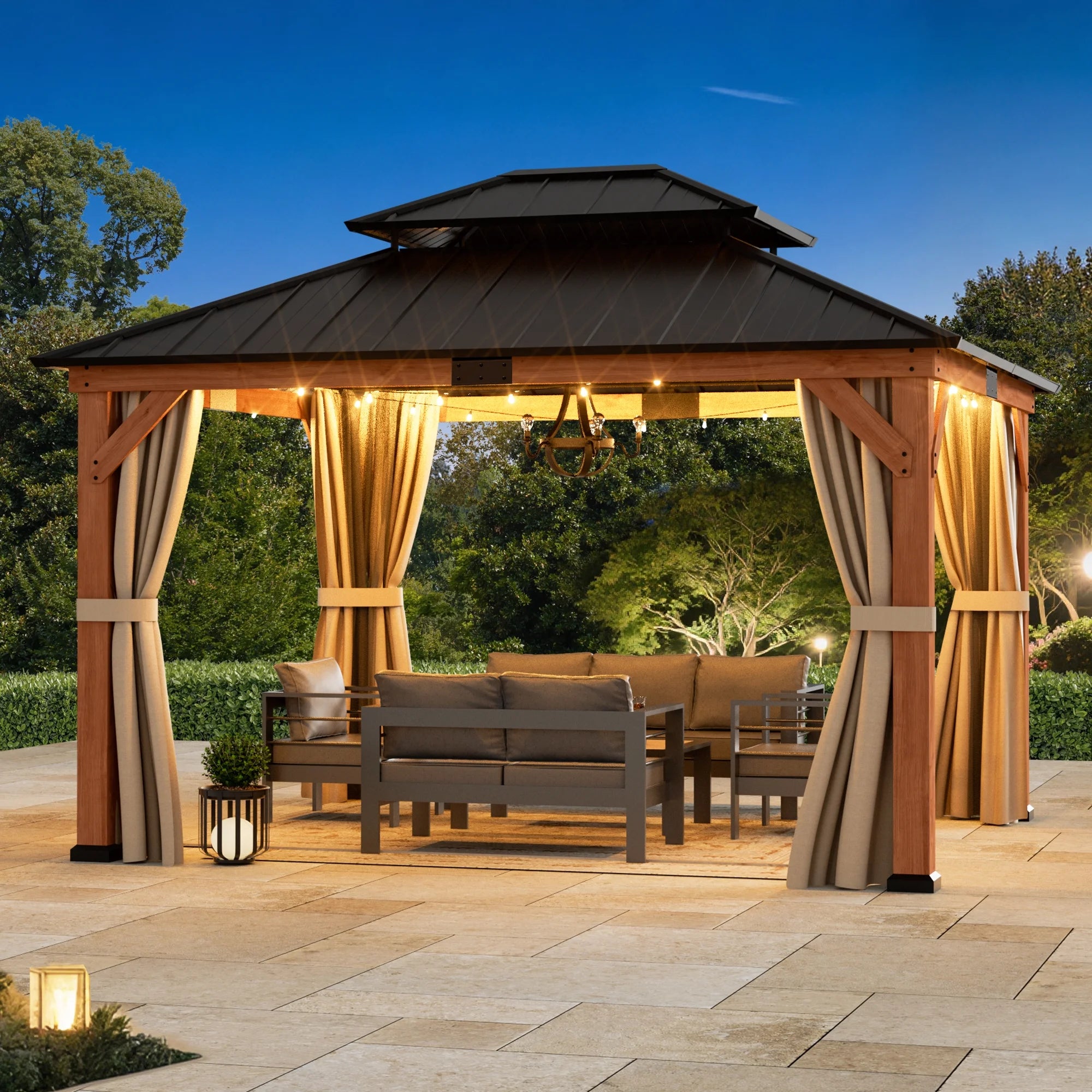 Modern Shade 13'x15' Rosewood Wood Gazebo Cedar Wood Framed Double Steel Roof for Garden Backyard