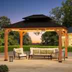 Modern Shade Rosewood 11'x13’ Hardtop Gazebo, Cedar Framed Rosewood Pavilion with Double Galvanized Steel Roof, Permanent Patio Gazebo for Outdoor Brown