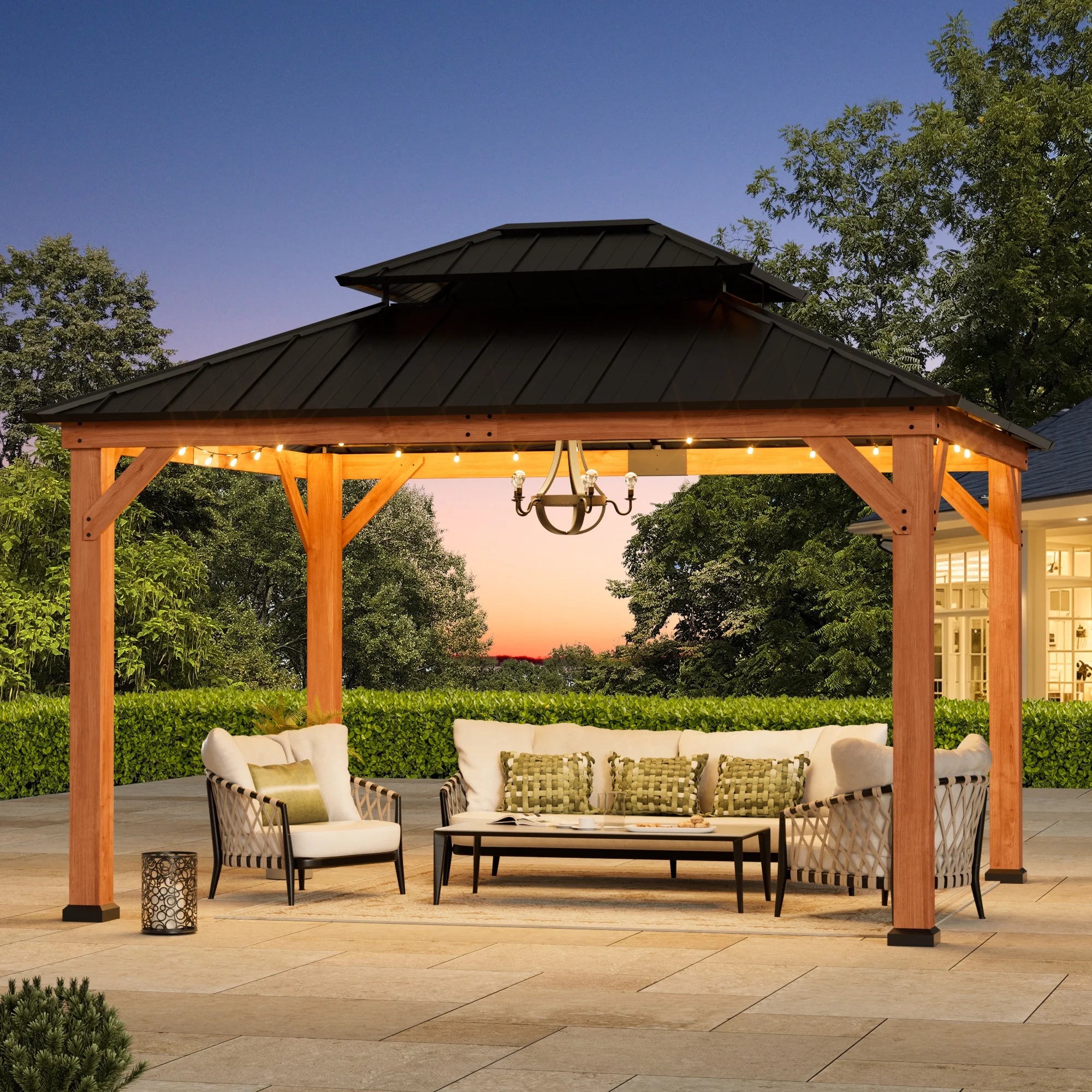 Modern Shade Rosewood 11'x13’ Hardtop Gazebo, Cedar Framed Rosewood Pavilion with Double Galvanized Steel Roof, Permanent Patio Gazebo for Outdoor Brown
