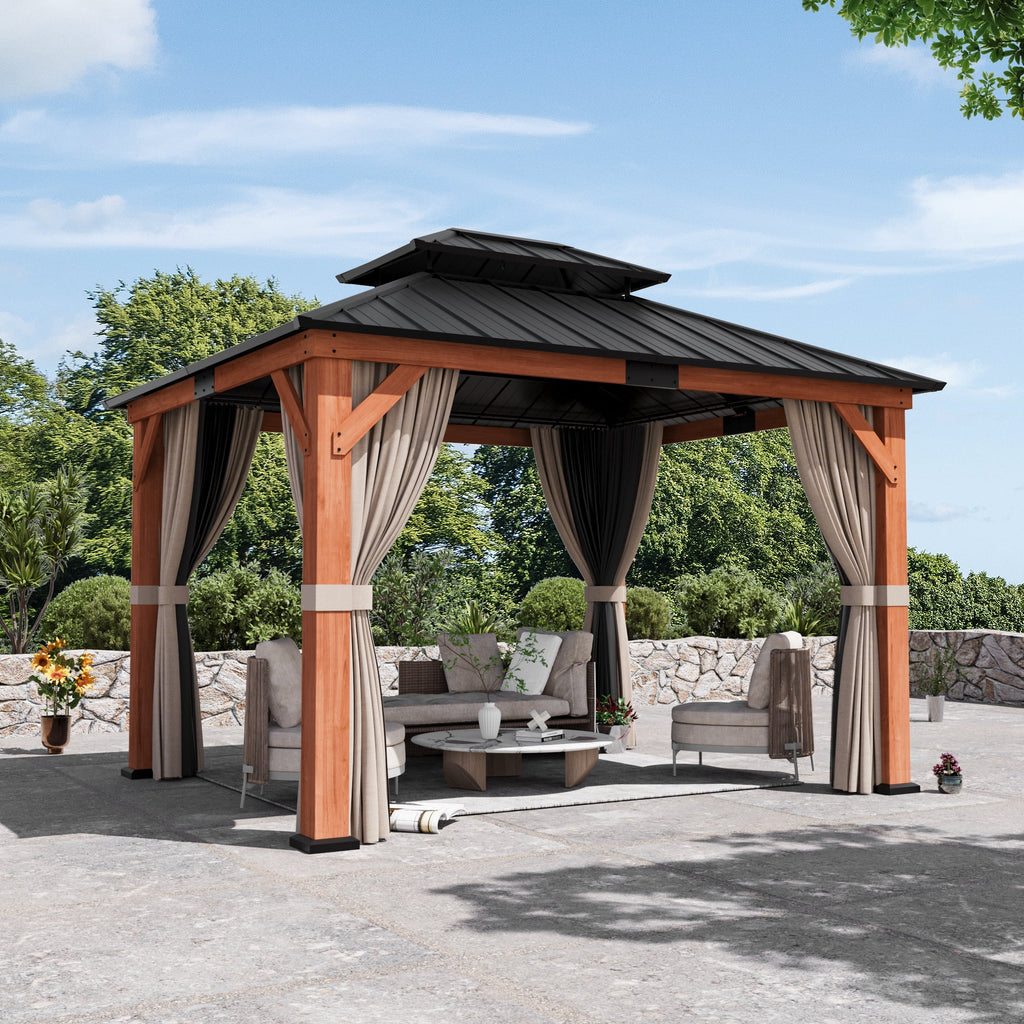 Modern Shade 10'x12' Rosewood Wood Gazebo Cedar Framed Double Steel Roof for Garden Backyard