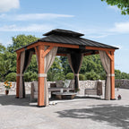 Modern Shade 10'x12' Rosewood Wood Gazebo Cedar Framed Double Steel Roof for Garden Backyard