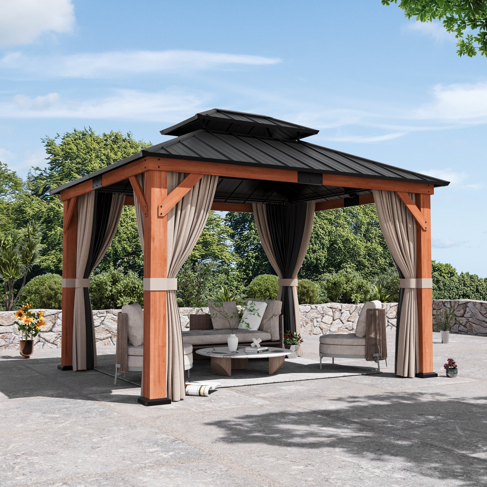 Modern Shade 10'x12' Rosewood Wood Gazebo Cedar Framed Double Steel Roof for Garden Backyard