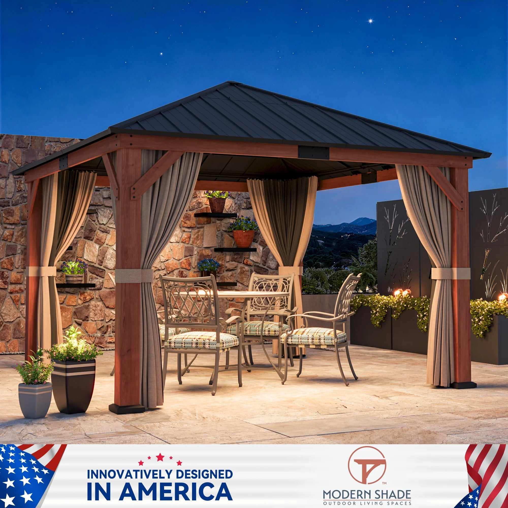 Modern Shade Tranquil Grove 12' x 12' Wood Gazebo - Polycarbonate Hip Roof Hardtop with Mosquito Netting & Curtains, Hooks