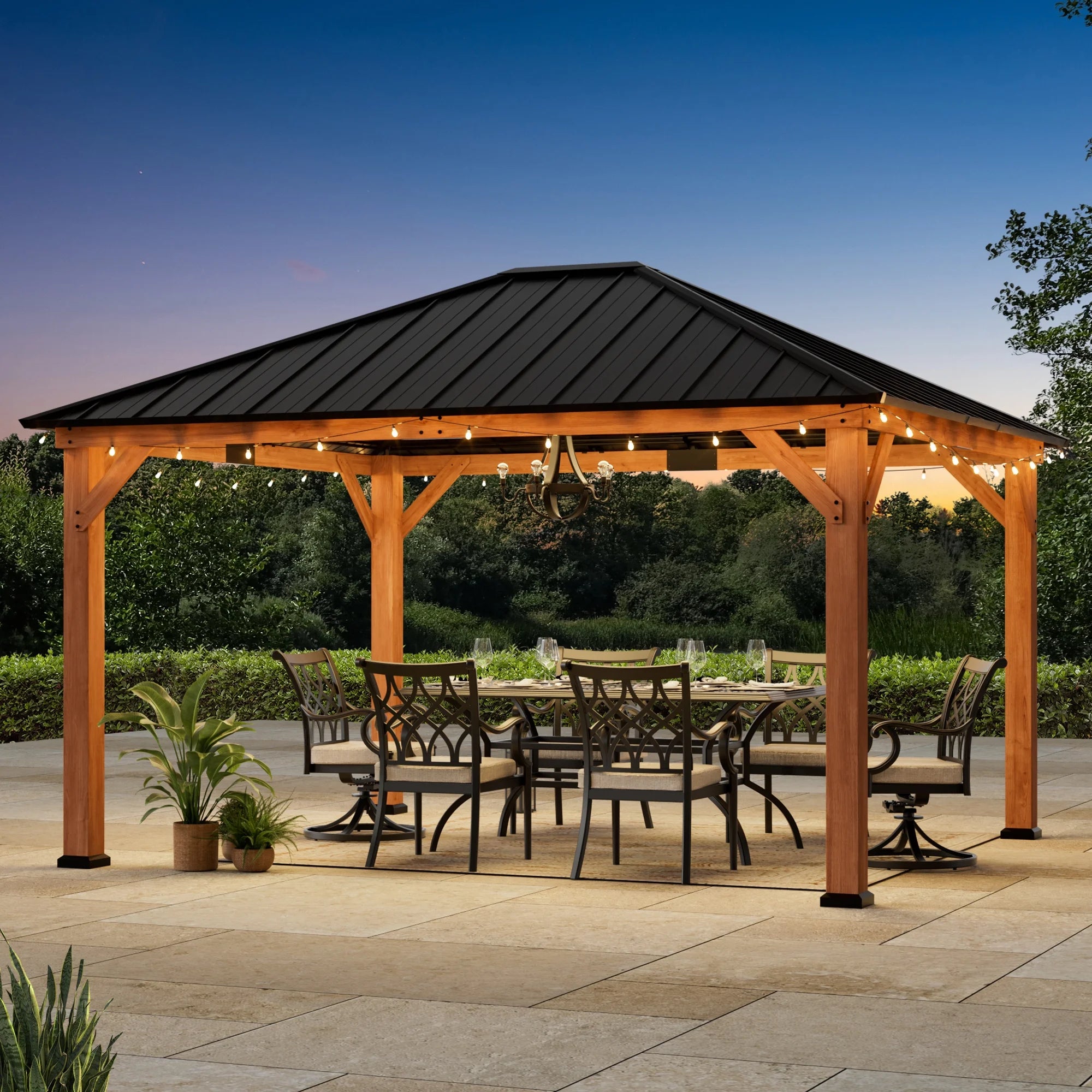 Modern Shade Tranquil Grove 12'x14’Hardtop Gazebo,Cedar Framed Pavilion with Galvanized Steel Roof,Permanent Patio Metal Gazebo for Outdoor Brown