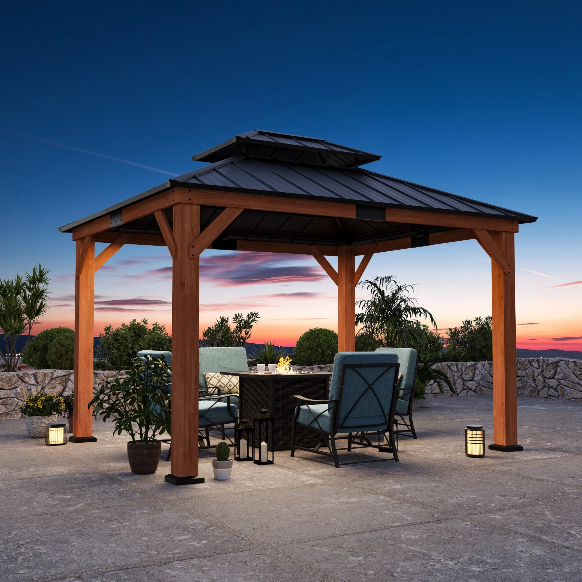 Modern Shade 10'x12' Cedar Wood Hardtop Gazebo with Double Steel Roof and Mosquito Net Rods