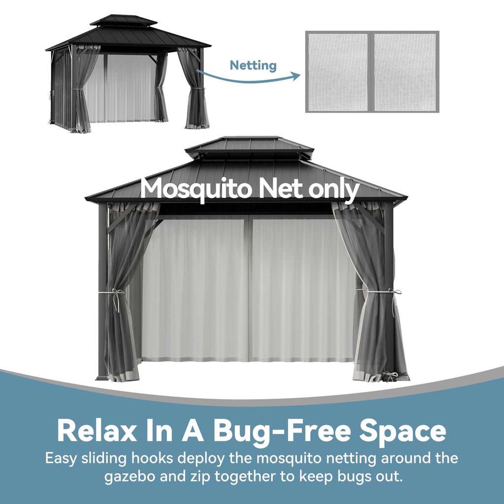 Covered Outdoor 10‘ x12’ Gazebo Replacement Mosquito Net 4 Panel Easy Install Grey