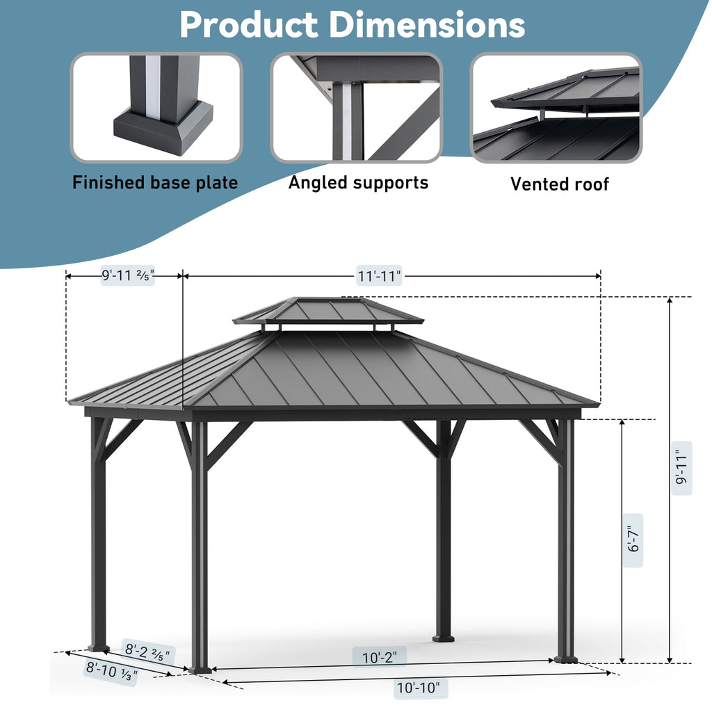 Modern Shade 10' x 12' Hardtop Gazebo with 4 LED Lights, Outdoor Gazebo with Double Galvanized Steel Roof，USB Charging Port Black