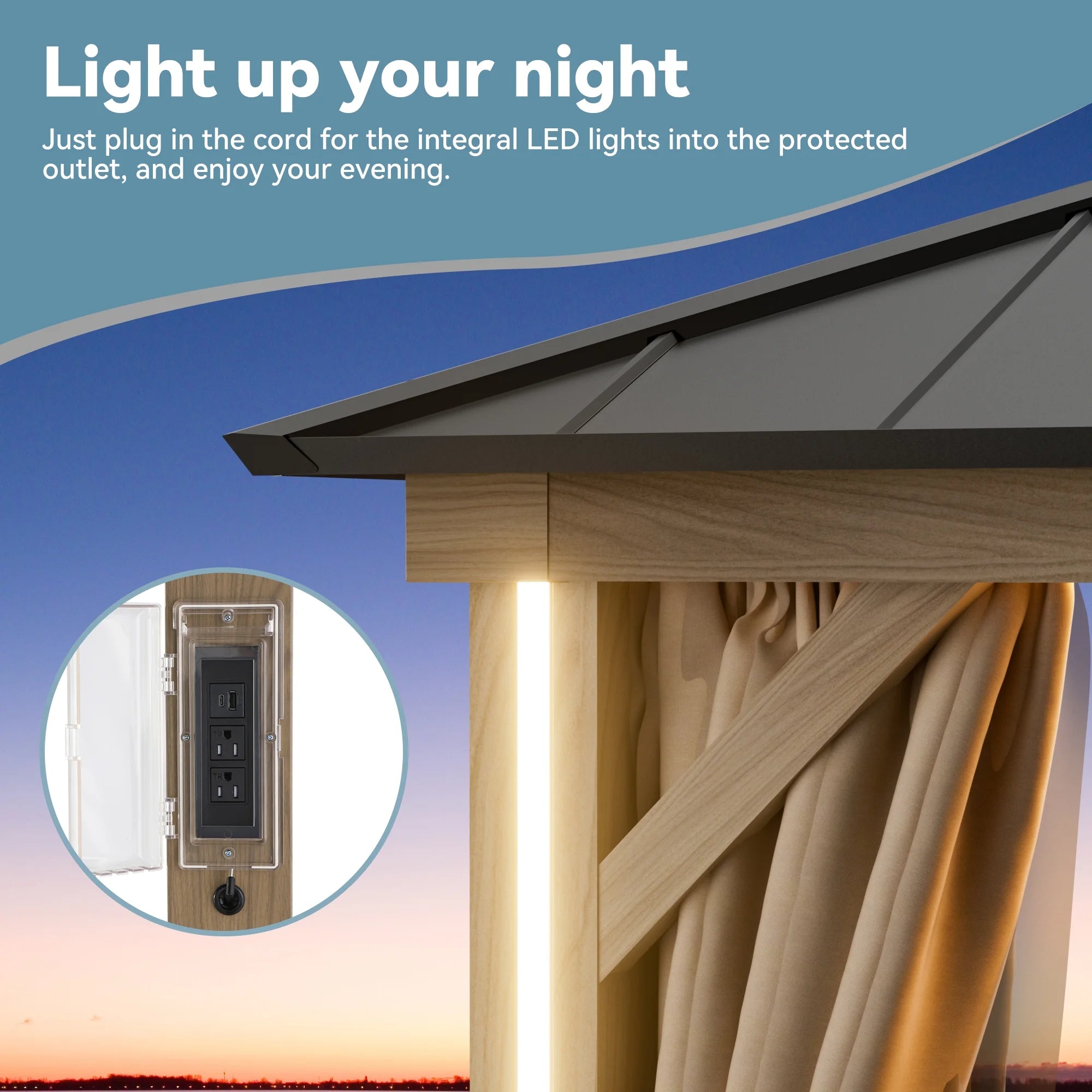 Modern Shade 12'x16' Hardtop Gazebo Wood-Look Aluminum 4 LED Lights USB Ports for Outdoor Patio Deck
