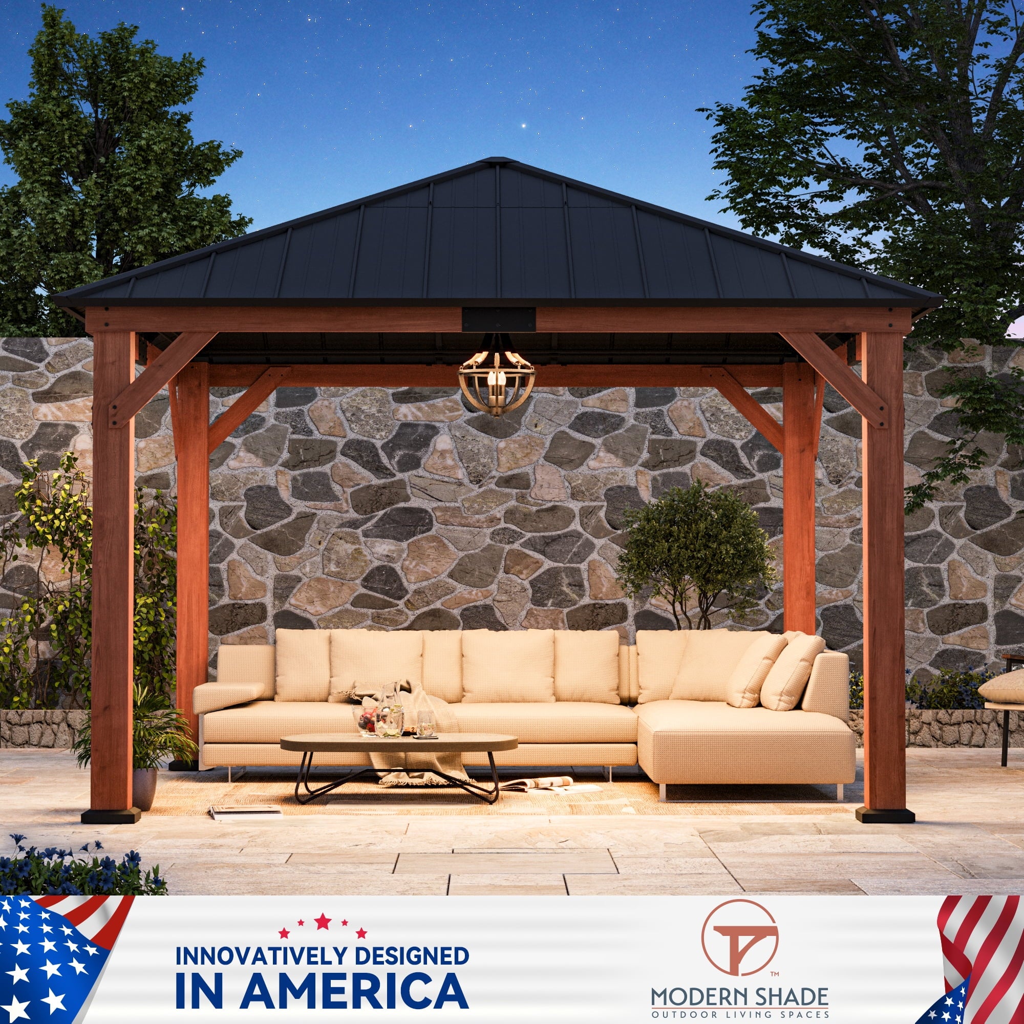Modern Shade Tranquil Grove 12' x 12' Wood Gazebo - Polycarbonate Hip Roof Hardtop Pavilion with Hooks