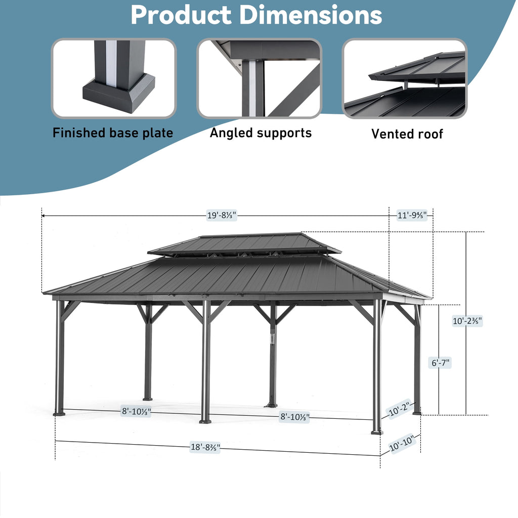 Modern Shade 12' x 20' Hardtop Gazebo with 4 LED Lights, Outdoor Gazebo with Double Galvanized Steel Roof，USB Charging Port Black