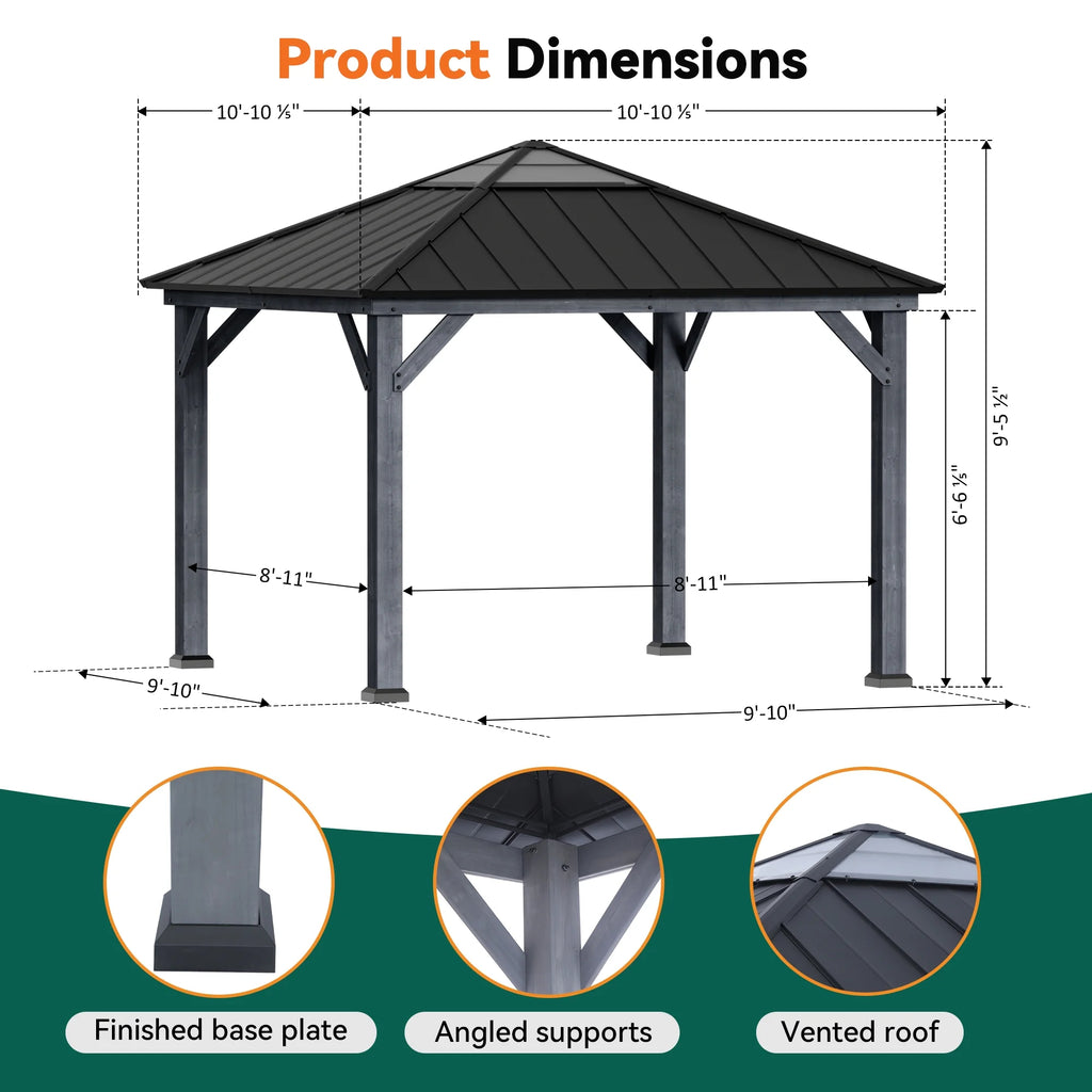Modern Shade 11'x11' Cedar Wood Gazebo - Hardtop Galvanized Steel and Polycarbonate Roof for Garden，Backyard，Patio