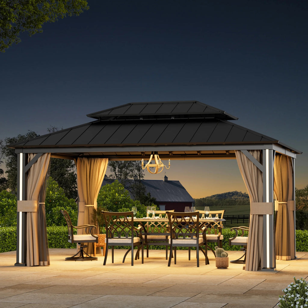 Modern Shade 12' x 16' Hardtop Gazebo with 4 LED Lights, Outdoor Gazebo with Double Galvanized Steel Roof，USB Charging Port Black