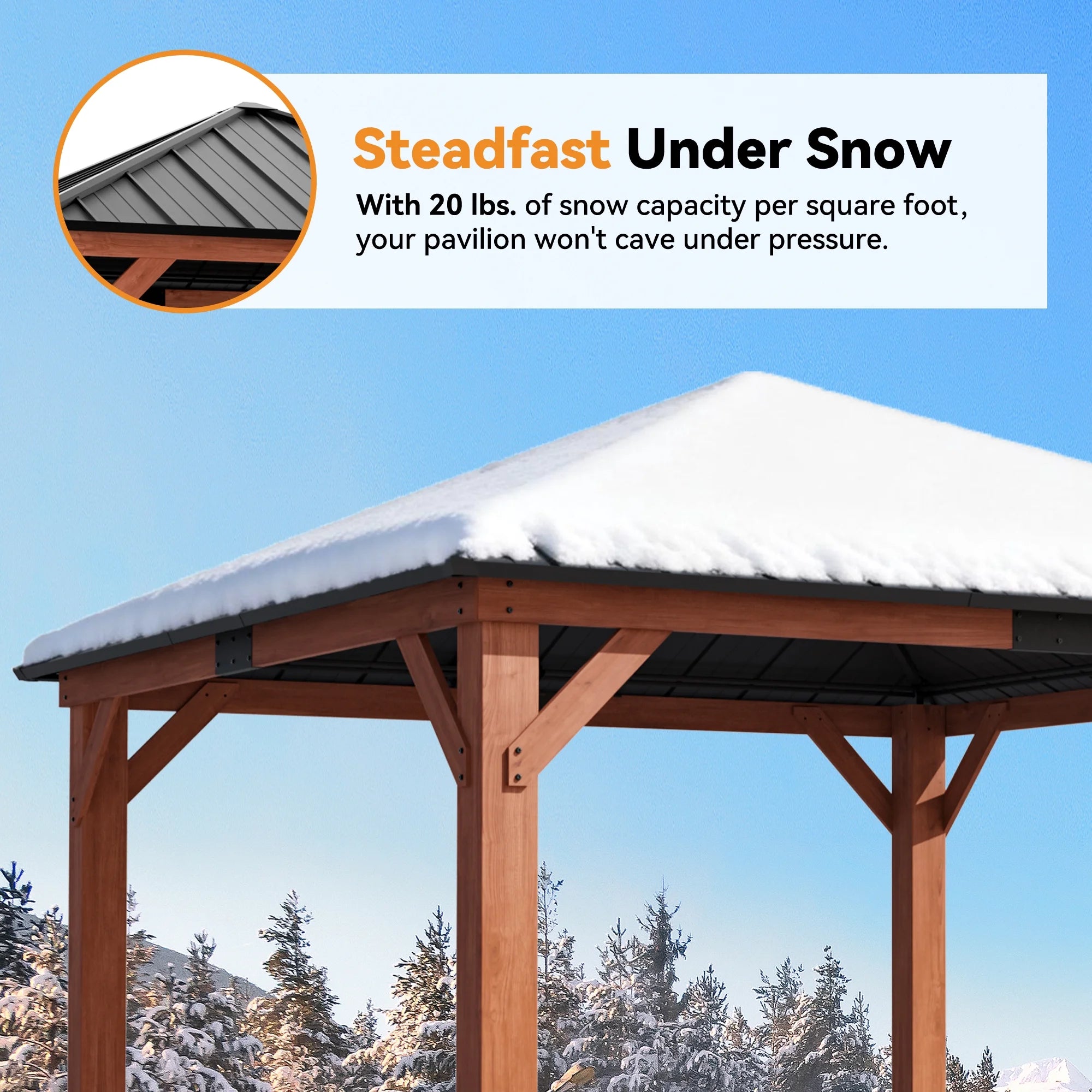 Modern Shade Tranquil Grove 12' x 12' Wood Gazebo - Polycarbonate Hip Roof Hardtop Pavilion with Hooks