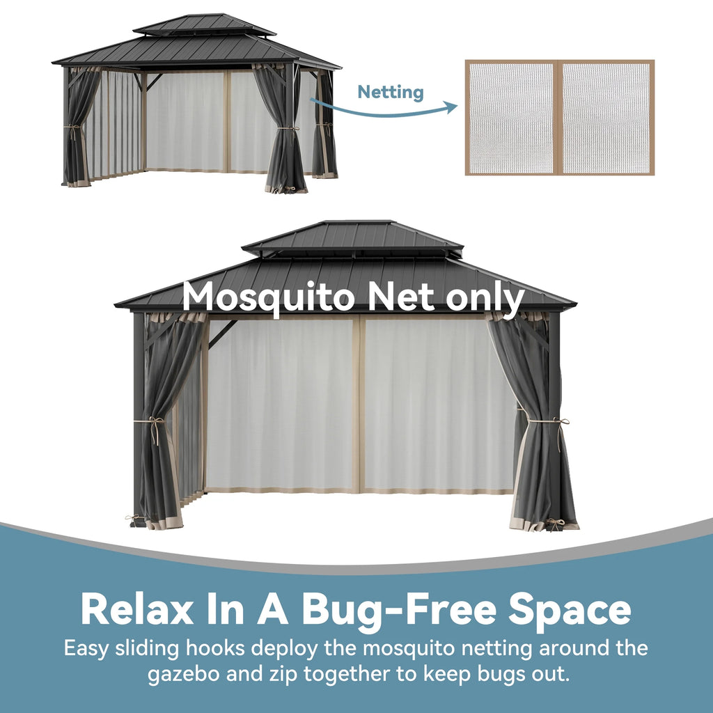 Covered Outdoor Gazebo Mosquito Netting Replacement - 12'x14' 4-Panel Double-Head Zipper Net Only