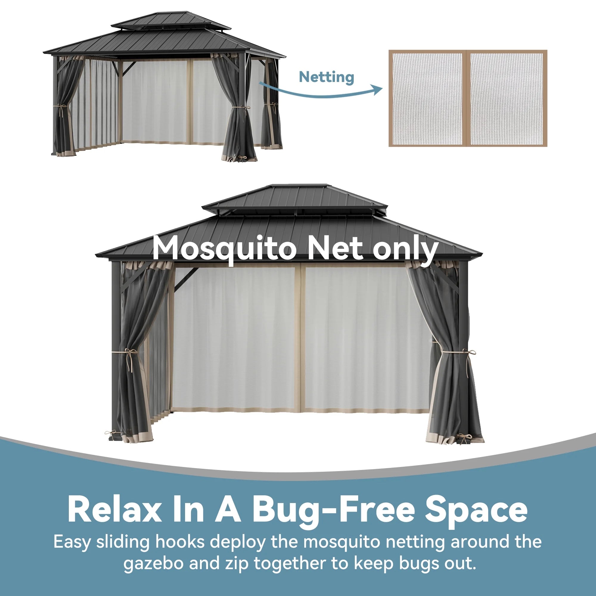 Covered Outdoor Gazebo Mosquito Netting Replacement - 12'x14' 4-Panel Double-Head Zipper Net Only