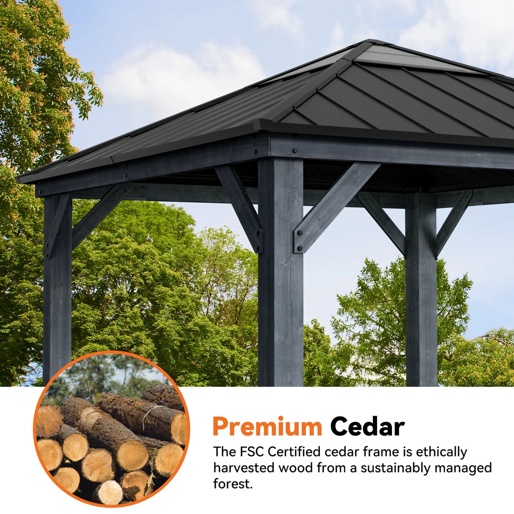 Modern Shade 11'x11' Cedar Wood Gazebo - Hardtop Galvanized Steel and Polycarbonate Roof for Garden，Backyard，Patio