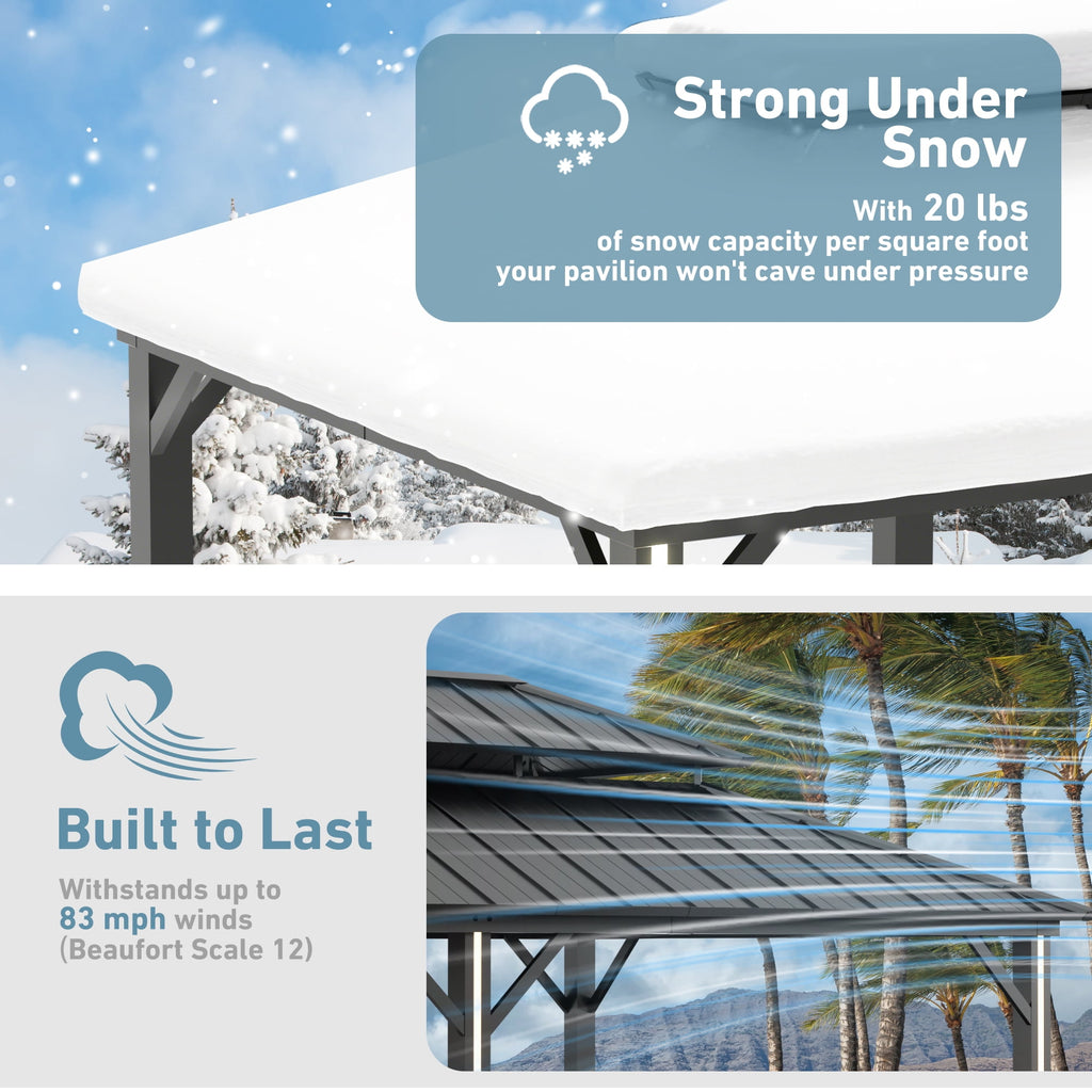 Modern Shade 12' x 20' Hardtop Gazebo with 4 LED Lights, Outdoor Gazebo with Double Galvanized Steel Roof，USB Charging Port Bronw