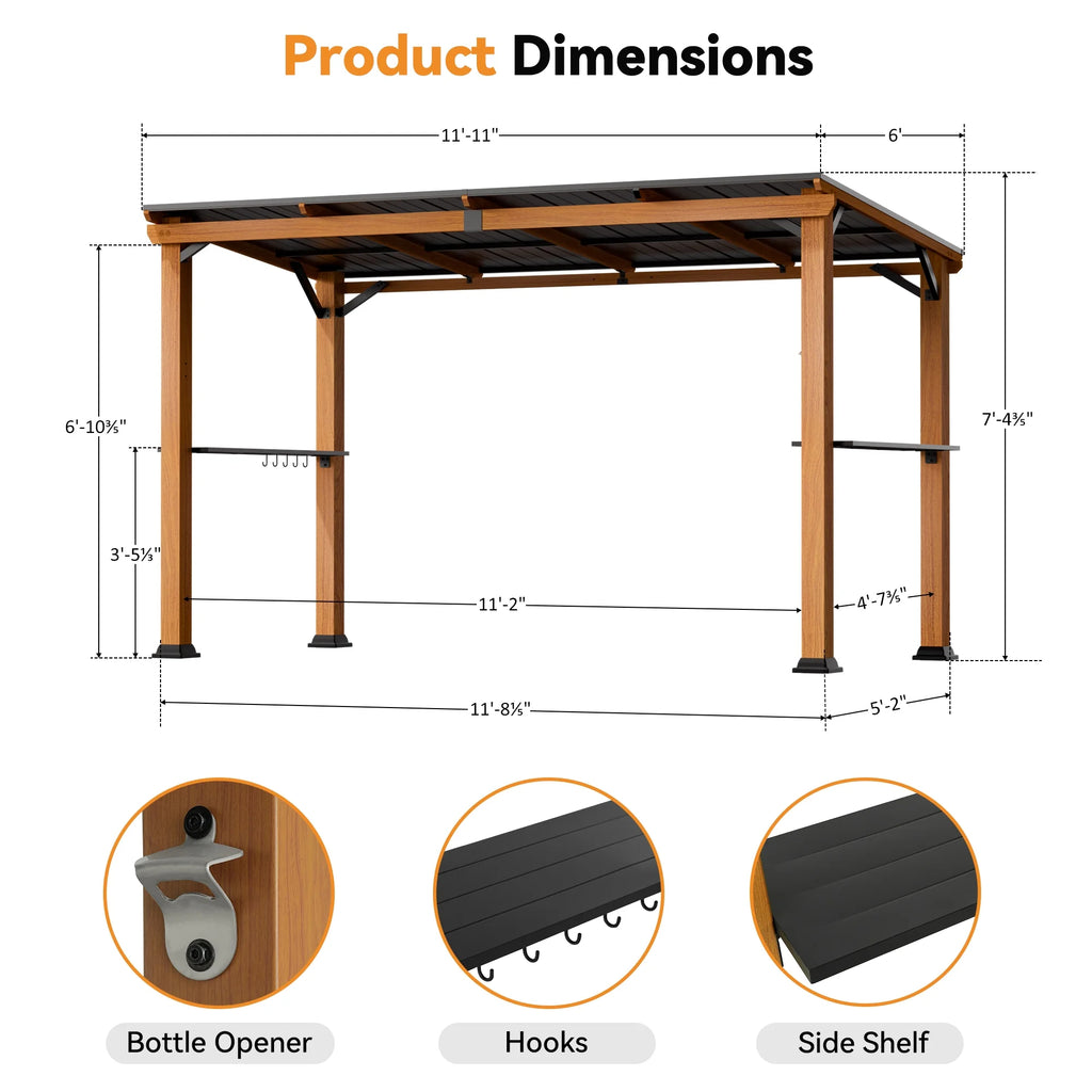 FONA Hardtop Grill Gazebo 6'x12'with Side Shelf, Outdoor Gazebo with Bottle Opener & Hooks, Grill Canopy with Sturdy Rustproof Design for Backyard, Garden, Patio,Wood-Looking