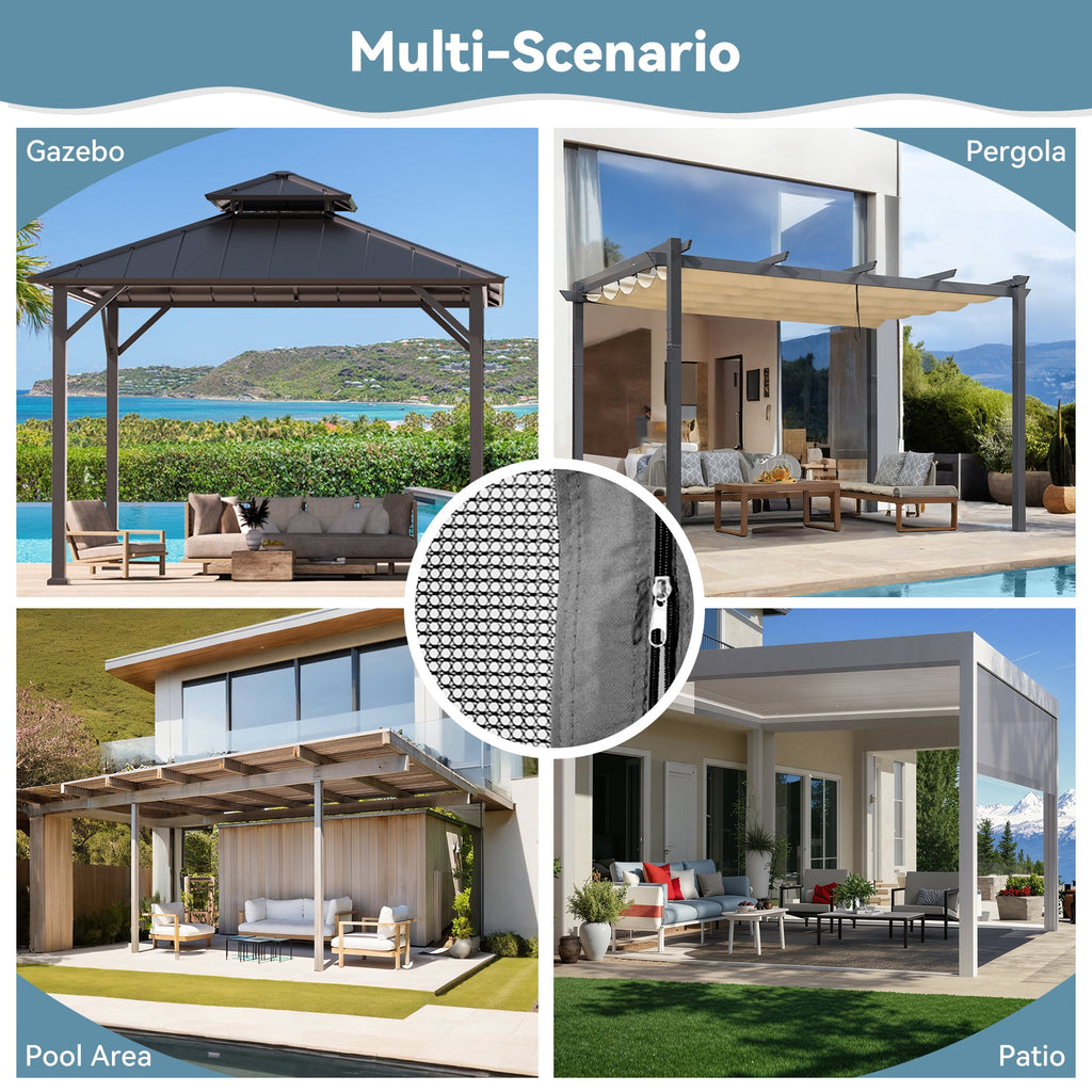 Covered Outdoor 10‘ x12’ Gazebo Replacement Mosquito Net 4 Panel Easy Install Grey