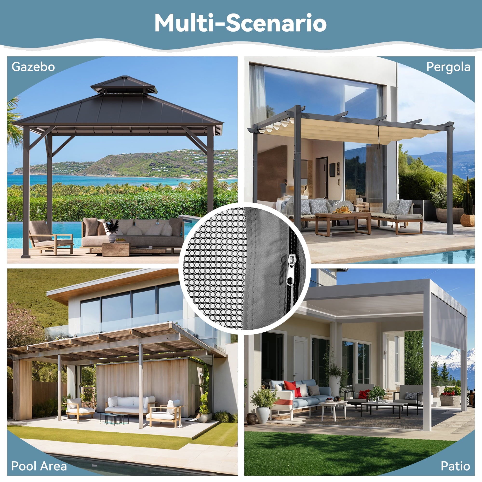 Covered Outdoor 10‘ x12’ Gazebo Replacement Mosquito Net 4 Panel Easy Install Grey