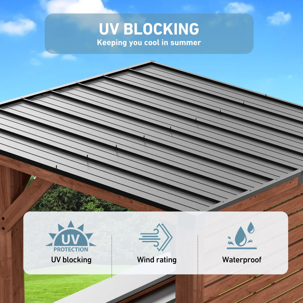 Modern Shade 6.5'x8' The Aura Cedar Wood Bar Center, Grill Pavilion with Shelves, Steel Roof, TV Mount for Patio & Garden