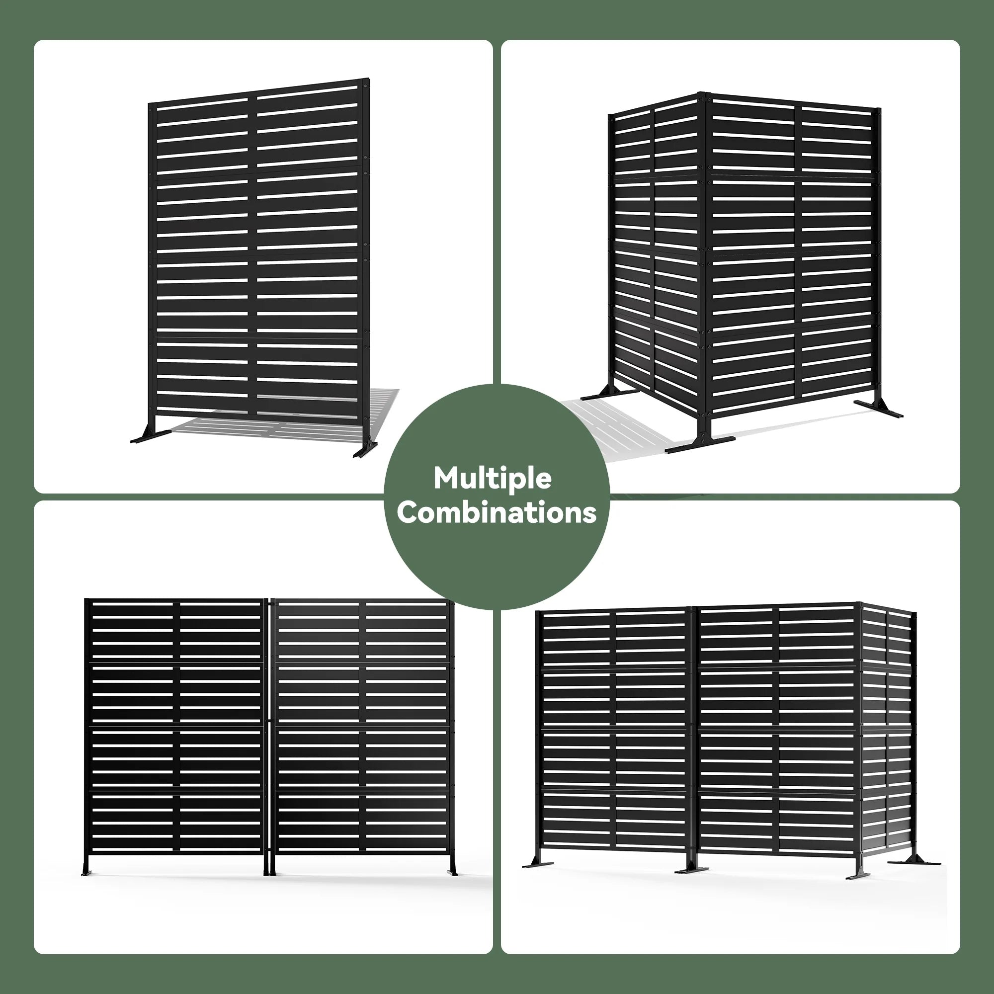 Modern Shade 72"H x 48"W Metal Privacy Screen 3-Panel Universal Ground Kit Modular Design for Patio Garden Black