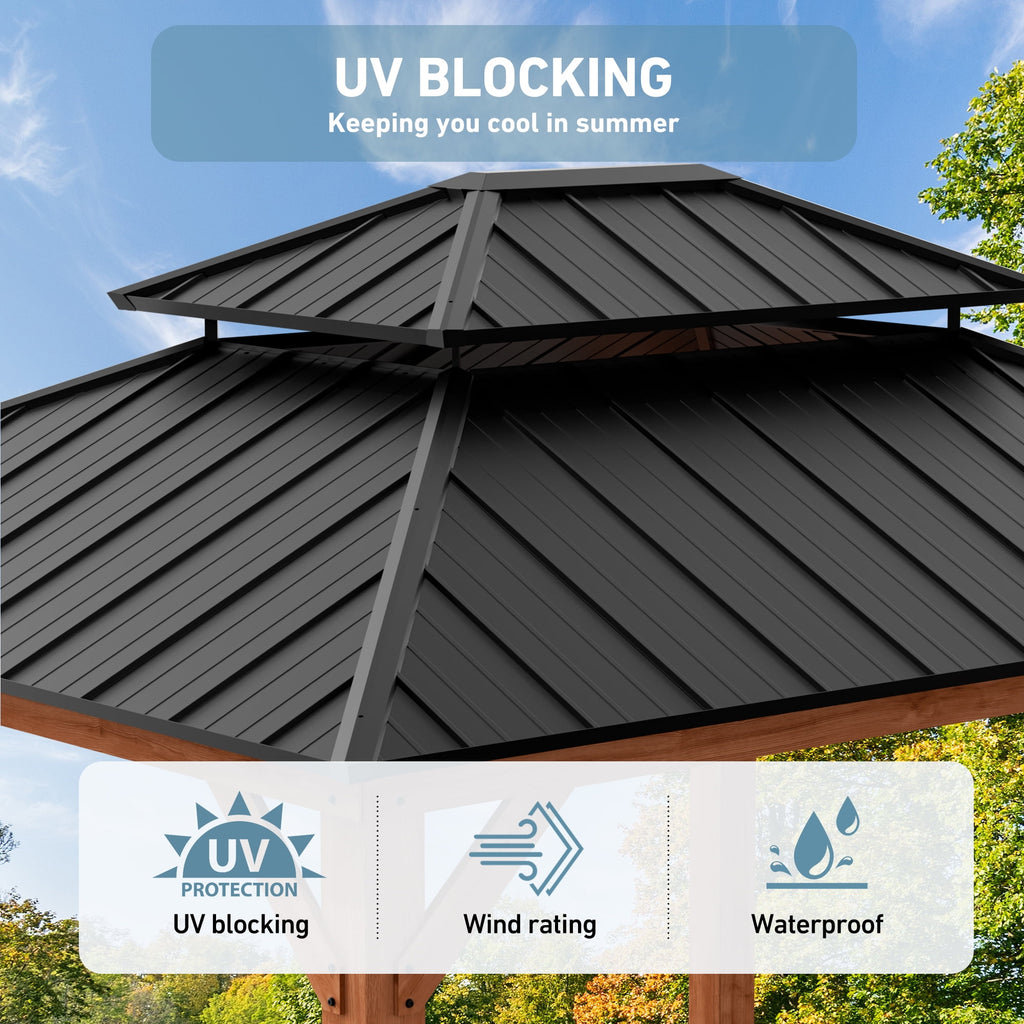 Modern Shade 13' x15' Gazebo Cedar Frame Double Galvanized Steel Roof with Curtain Netting for Garden Backyard Brown