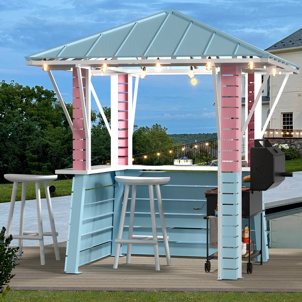 Modern Shade Permanent Coastal Dream Outdoor Bar & Grill Gazebo, Galvanized Steel Pavilion for Backyard, Pool, BBQ & Party