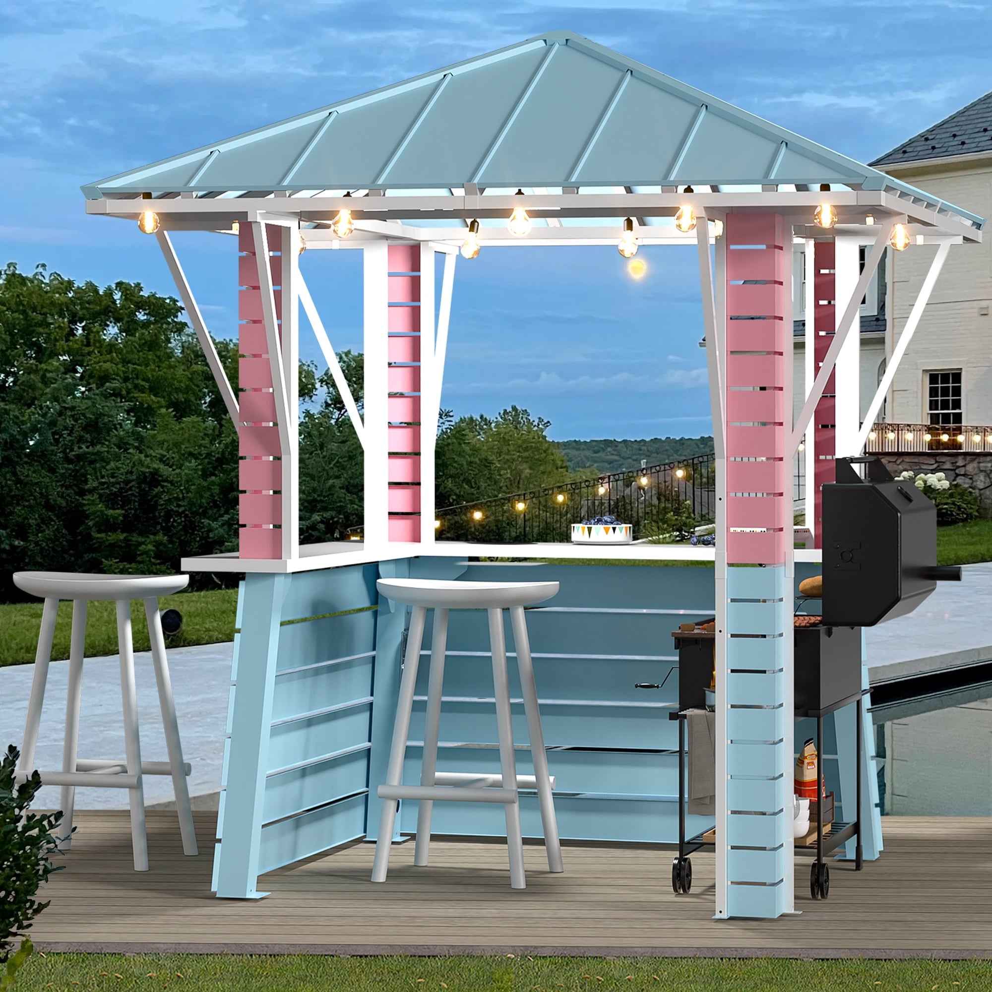 Modern Shade Permanent Coastal Dream Outdoor Bar & Grill Gazebo, Galvanized Steel Pavilion for Backyard, Pool, BBQ & Party